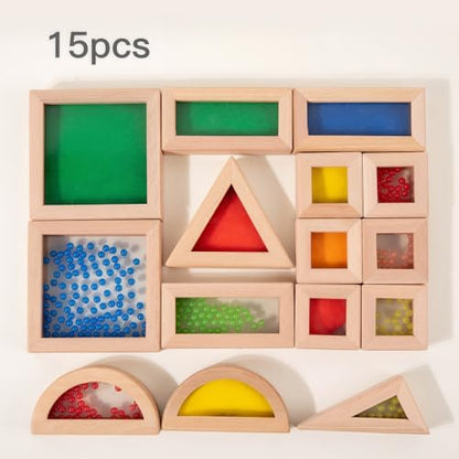 Rainbow Sensory Toys Blocks,15 Large Pcs Wooden Building Blocks for Toddlers Baby Kids,Colorful Geometric Stacking Toys, Preschool Educational Toy Set.