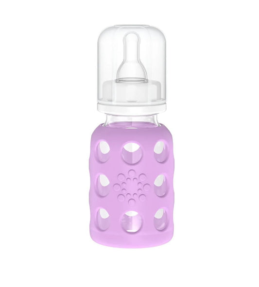 Lifefactory 4-Ounce BPA-Free Glass Baby Bottle with Protective Silicone Sleeve and Stage 1 Nipple, Lilac