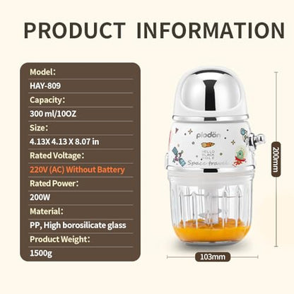 Baby Food Maker Mini Cute and Small Food Processor Puree Blender Grinder Chopper 300ml Cup Glass Bowl with 8 Blade Electric (Spaceman-Blue)