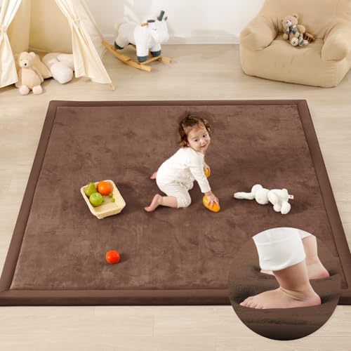 1.3" Thick Baby Play Mat,Ultra Soft Elasti-Foam 50×50 Playpen Mat for Tummy Time,Water-Repellent Coral Fleece Nursery Rug for Infants,Toddlers,Kids,Non-Slip Safe for Crawling(Light Grey)