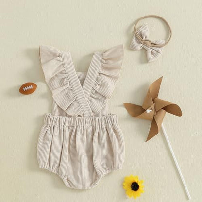 Football Baby Girl Outfit Embroidery Football Romper Ruffle Sleeve Corduroy Bodysuit Overalls Game Day Clothes