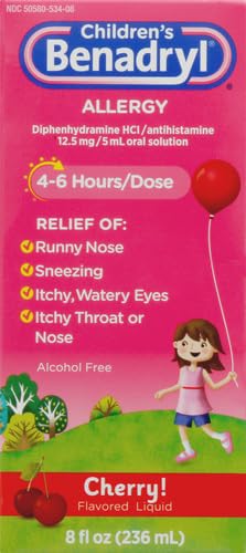 Benadryl Children's Dye-Free Allergy Relief Liquid + 12.5 mg Diphenhydramine HCl, Antihistamine Allergy Medicine for Kids Helps Relieve Runny Nose & Sneezing, Bubble Gum Flavor, 8 fl. oz