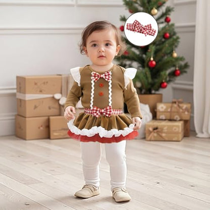 Baby Girl Christmas Outfit Gingerbread Ruffle Romper with Tutu Mini Skirt Shorts and Headband Set Fall Clothes