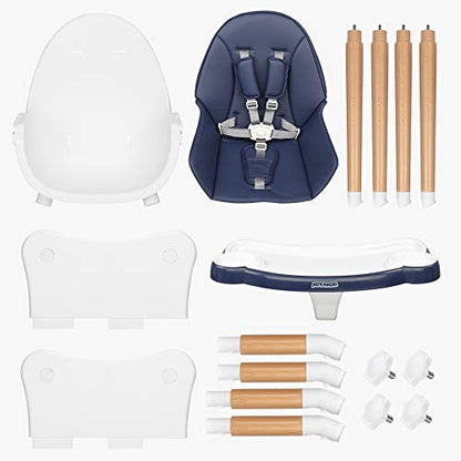 JOYMOR 5-in-1 Convertible Baby High Chair for Babies and Toddlers, Table and Chair Set, Wooden Infant Eating Highchair with Leather Seat Cushion, 4-Position Removeable & Adjustable Tray (Biege)