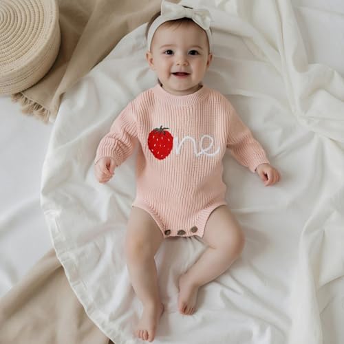Baby Girl First Birthday Outfit One Year Old Strawberry Embroidery Knit Sweater Romper Warm Fall Winter Clothes