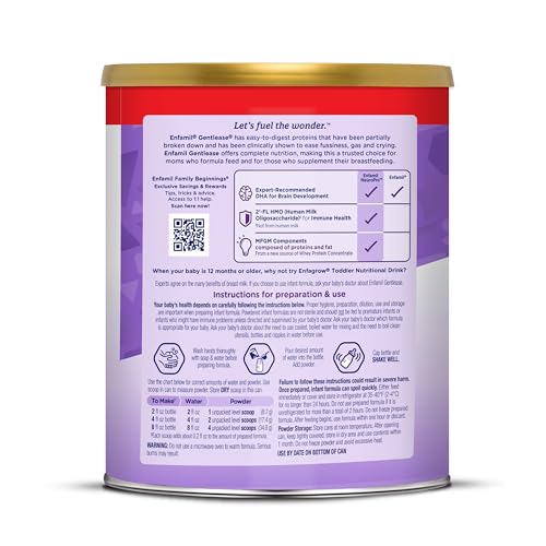 Enfamil Gentlease Baby Formula, Clinically Proven to Reduce Fussiness, Crying, Gas & Spit-up in 24 hours, Brain-Building Omega-3 DHA & Choline, Infant Formula Powder, Baby Milk, 19.9 Oz Can, 4 Count