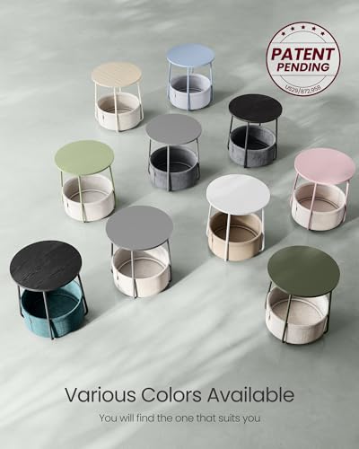 VASAGLE End Table, Small Bedside Table with Fabric Basket, Modern Nightstand, Round Side Table, for Living Room, Bedroom, Matte White and Camel Brown ULET223W10