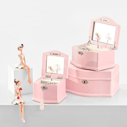 Wooden Musical Jewelry Box for girls with Mirror and Key Lock, Gift for Kids on Birthdays and Holidays (Pink, Small) (Beige, Small)