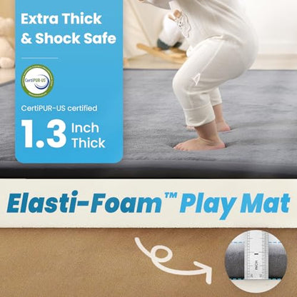 1.3" Thick Baby Play Mat,Ultra Soft Elasti-Foam 50×50 Playpen Mat for Tummy Time,Water-Repellent Coral Fleece Nursery Rug for Infants,Toddlers,Kids,Non-Slip Safe for Crawling(Light Grey)