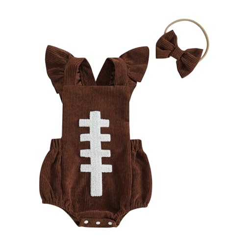 Football Baby Girl Outfit Embroidery Football Romper Ruffle Sleeve Corduroy Bodysuit Overalls Game Day Clothes
