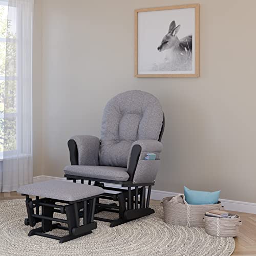 Storkcraft Premium Hoop Glider and Ottoman (Espresso Base, Gray Cushion) – Padded Cushions with Storage Pocket, Smooth Rocking Motion, Easy to Assemble, Solid Hardwood Base