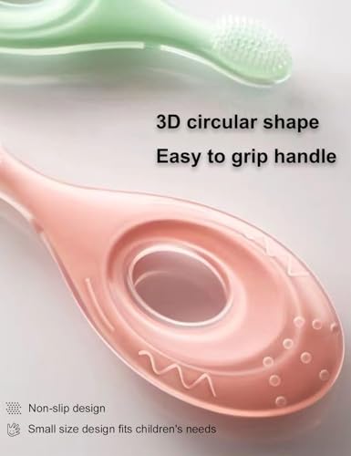 Baby Toothbrush & Teether, Silicone Teething Relief, Baby Tongue Cleaner, Extra Soft Bristle Toddler Training Toothbrush with Storage case, BPA Free, Adjustable Safety Shield - Pink