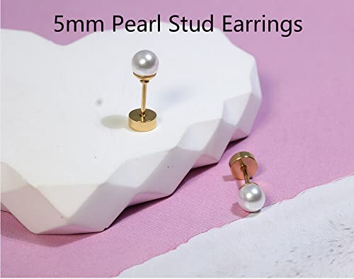 6mm Pearl Stud Earrings Flat Screw Back,14K Gold Pearl Cartilage Helix Earrings Hypoallergenic 316L Surgical Steel Piercing Jewelry Gift for Girls Women Toddlers(6mm Pearl, Gold)