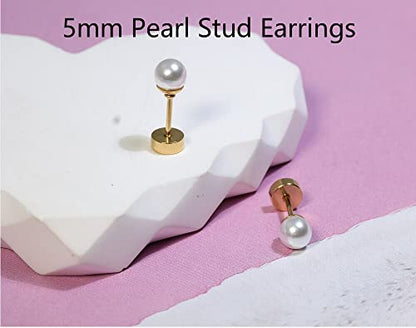 6mm Pearl Stud Earrings Flat Screw Back,14K Gold Pearl Cartilage Helix Earrings Hypoallergenic 316L Surgical Steel Piercing Jewelry Gift for Girls Women Toddlers(6mm Pearl, Gold)