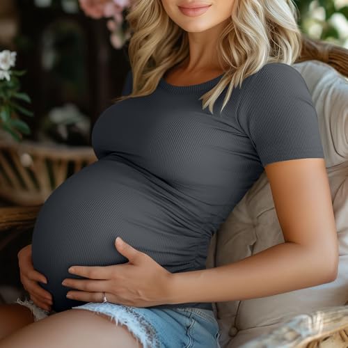 Ficerd 3 Pack Women's Maternity Shirts Cotton Short Sleeve Pregnancy Tops Side Ruched Ribbed Casual Mama tees Clothes