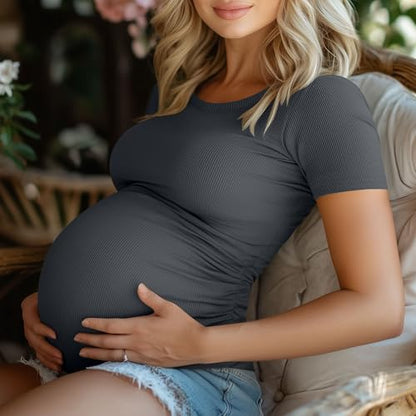Ficerd 3 Pack Women's Maternity Shirts Cotton Short Sleeve Pregnancy Tops Side Ruched Ribbed Casual Mama tees Clothes