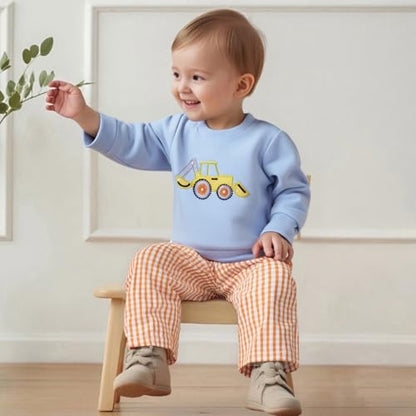 Toddler Baby Boy Fall Winter Outfit Long Sleeve Excavator Embroidery Pullover Plaid Wide Leg Pants Infant Clothes