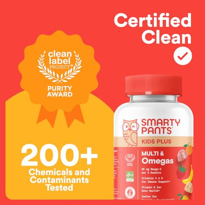 SmartyPants Kids Multivitamin Gummies: Omega 3 Fish Oil (EPA/DHA), Vitamin D3, C, Vitamin B12, B6, A, K & Zinc for Immune Support, Biotin, Gluten Free, Three Fruit Flavors, 120 Count (30 Day Supply)