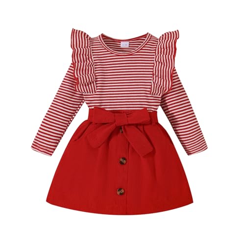 Noubeau Toddler Baby Girls Plaid Outfits Knit Ribbed Sweatshirt Shirt Tops Red Plaid Belt Skirt Fall Winter Clothes