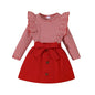 Noubeau Toddler Baby Girls Plaid Outfits Knit Ribbed Sweatshirt Shirt Tops Red Plaid Belt Skirt Fall Winter Clothes