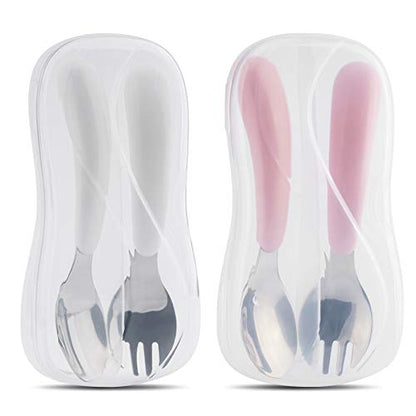 Kirecoo 2 Set Toddler Utensils, Toddler Forks and Spoons, Stainless Steel kids Silverware Set, Designed for Self Feeding Flatware Utensils with Travel Carrying Cases BPA Free (White & Pink)