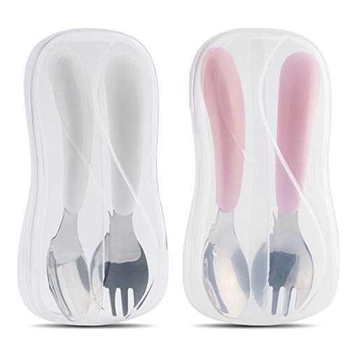 Kirecoo 2 Set Toddler Utensils, Toddler Forks and Spoons, Stainless Steel kids Silverware Set, Designed for Self Feeding Flatware Utensils with Travel Carrying Cases BPA Free (White & Pink)