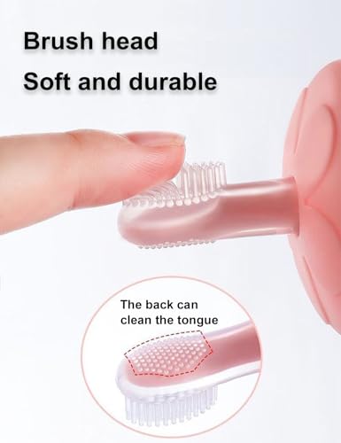 Baby Toothbrush & Teether, Silicone Teething Relief, Baby Tongue Cleaner, Extra Soft Bristle Toddler Training Toothbrush with Storage case, BPA Free, Adjustable Safety Shield - Pink