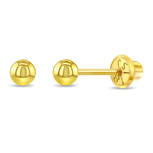 18k Yellow Gold Classic Ball Safety Screw Back Stud Earrings for Babies, Infants, Toddlers, and Little Girls 3mm-5mm - Traditional Plain Ball 18k Gold Stud Earrings for Baby Girls