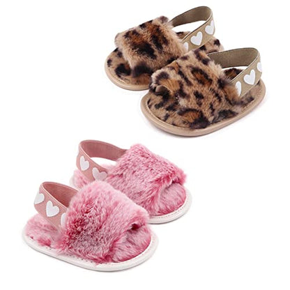 2 Pack Infant Baby Girls Sandals Elastic Back Strap Flats Slippers Soft Toddles Princess Shoes Faux Fur Slides Shoes First Walker House Shoes