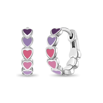 925 Sterling Silver Tiny Heart Enamel Huggie Hoop Earrings - Multicolored Heart Themed Hoops
