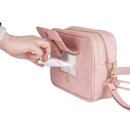 Crossbody Diaper Bag Purse with Wipes Dispenser - Stylish Vegan Leather Baby Wipes Holder Clutch for Women - Multipurpose Luxury Diaper Bag Pouch Can Hold 20-30 Various Types of Wipes - Pink