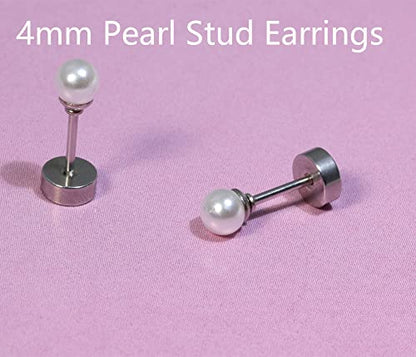 6mm Pearl Stud Earrings Flat Screw Back,14K Gold Pearl Cartilage Helix Earrings Hypoallergenic 316L Surgical Steel Piercing Jewelry Gift for Girls Women Toddlers(6mm Pearl, Gold)