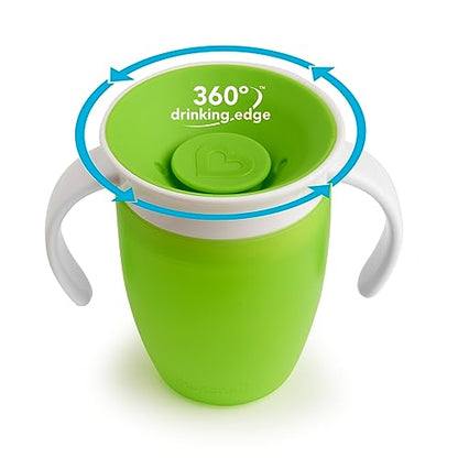 Munchkin Sippy Cup for 6 Month Old and Up, Spill Proof Miracle 360 Toddler Cups with Transition Handles, 7 Ounce, 2 Pack, Blue/Green