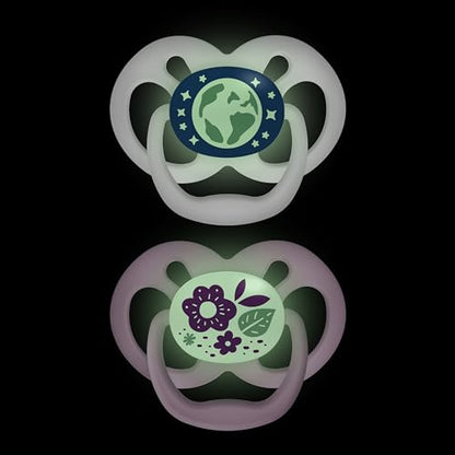Dr. Brown's Advantage Glow-in-the-Dark Baby Pacifier, Fully Symmetrical Soother with Soft Silicone Bulb, Scooter Squirrel-Purple Nature, 6-18m, BPA Free, 4 Pack