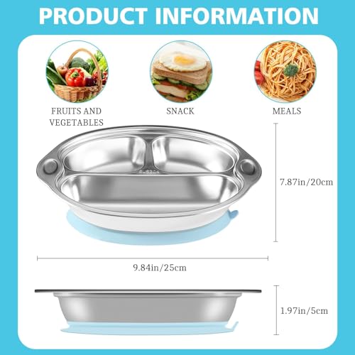 Mrs. Chou® Stainless Steel Baby Suction Plates Divided Designed for Babies and Toddlers, Made of 100% Food-Grade Materials Ideal for Baby-Led Weaning BPA-Free Toddler Feeding Supplies Dishwasher Safe