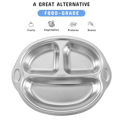 Mrs. Chou® Stainless Steel Baby Suction Plates Divided Designed for Babies and Toddlers, Made of 100% Food-Grade Materials Ideal for Baby-Led Weaning BPA-Free Toddler Feeding Supplies Dishwasher Safe