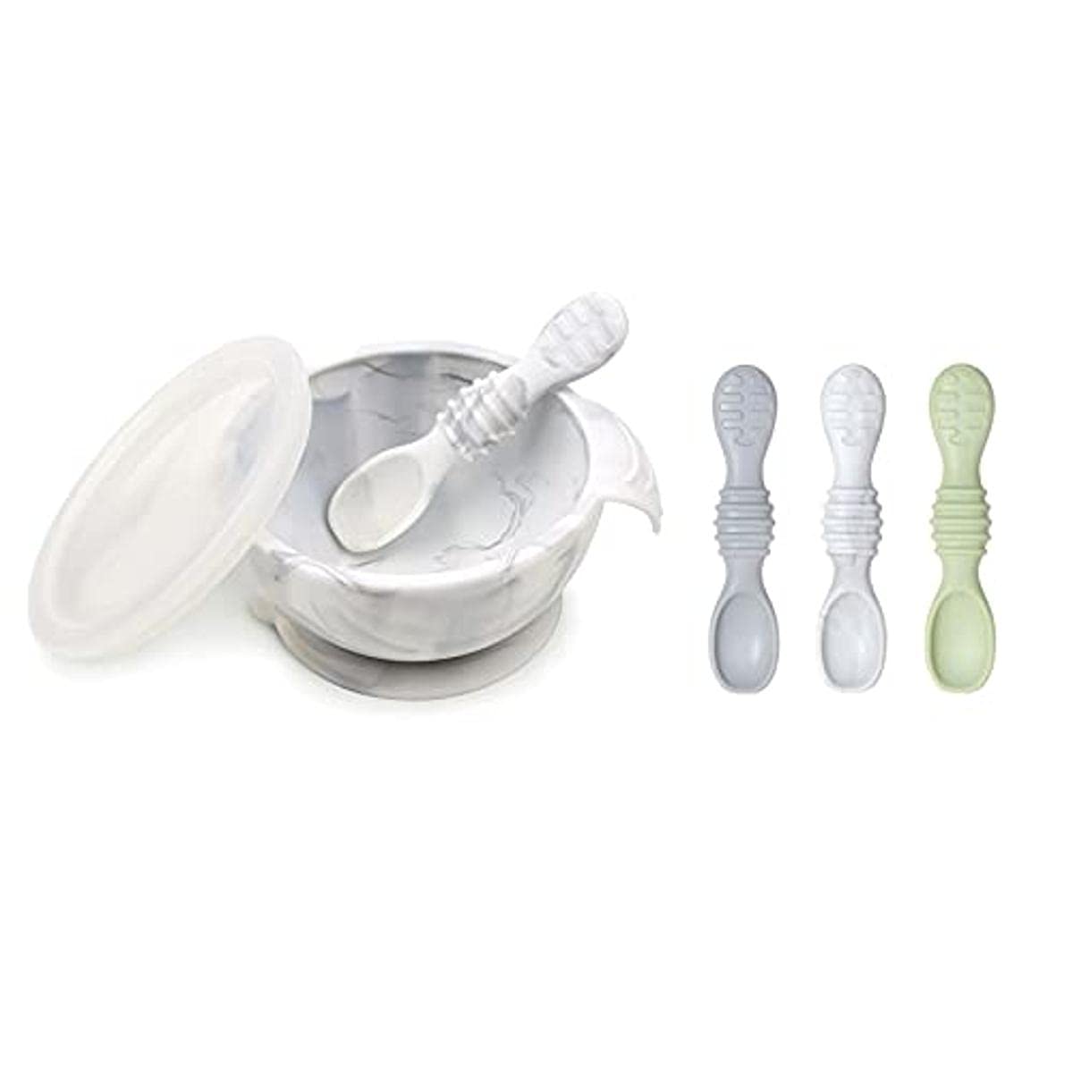 Bumkins Baby Bowls, Disney Minnie Mouse Silicone Baby Feeding Set, Suction Bowls for Baby and Toddler with Spoon, First Feeding Set, Platinum Silicone Bowl for Babies 4 Months
