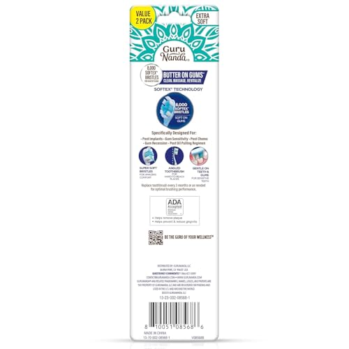 GuruNanda Butter On Gums Toothbrush, ADA Accepted, with 8000+ Ultra Soft Softex Bristles for Sensitive & Receding Gums, Perfect for Whiter Teeth, 8 Ct