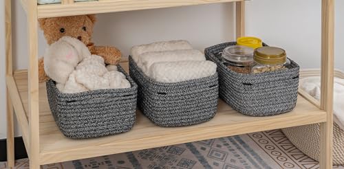 CubesLand Off White Small Storage Baskets for Shelves, Closet Organization Storage Bins Empty Gift Basket Baby Nursery Woven Baskets for Organizing, Rectangular Clothes Closet Shelves Baskets 3 Packs