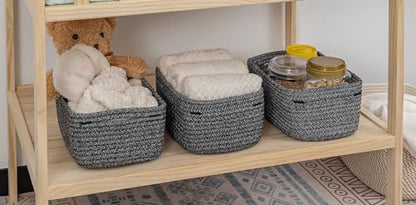 CubesLand Off White Small Storage Baskets for Shelves, Closet Organization Storage Bins Empty Gift Basket Baby Nursery Woven Baskets for Organizing, Rectangular Clothes Closet Shelves Baskets 3 Packs
