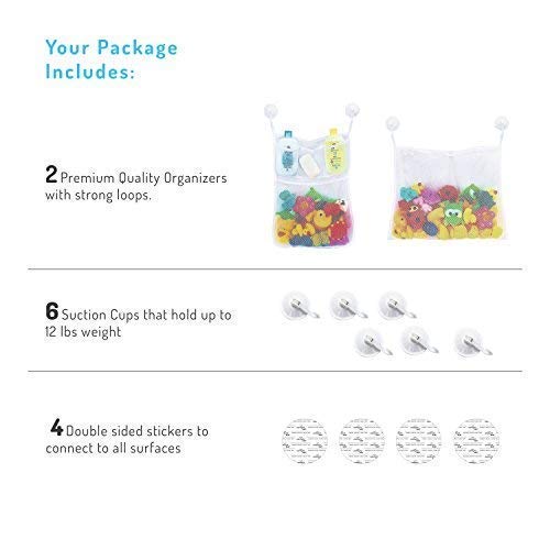 2 x Mesh Bath Toy Organizer + 8 Ultra Strong Hooks – The Perfect Bathtub Toy Holder & Bathroom or Shower Caddy – These Multi-use Net Bags Make Baby Bath Toy Storage Easy – For Kids & Toddlers