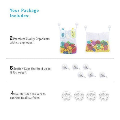 2 x Mesh Bath Toy Organizer + 8 Ultra Strong Hooks – The Perfect Bathtub Toy Holder & Bathroom or Shower Caddy – These Multi-use Net Bags Make Baby Bath Toy Storage Easy – For Kids & Toddlers