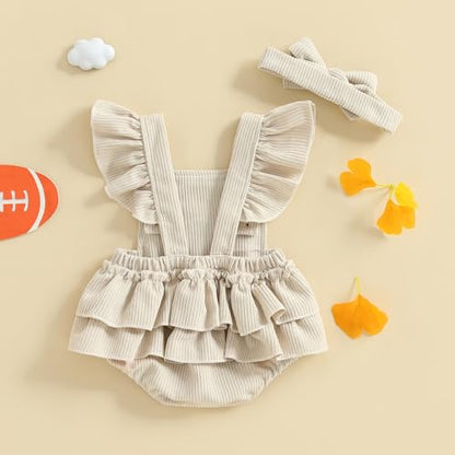 Football Baby Girl Outfit Embroidery Football Romper Ruffle Sleeve Corduroy Bodysuit Overalls Game Day Clothes
