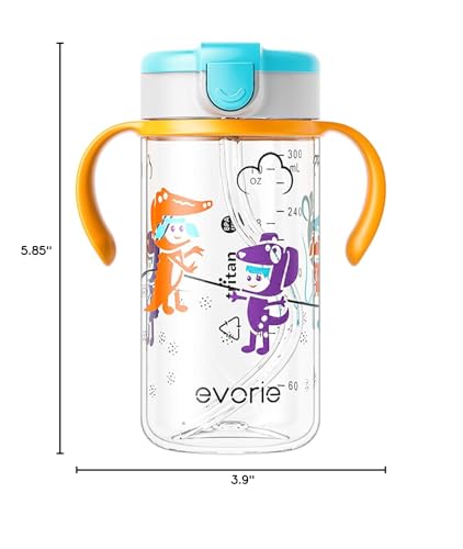 Evorie Tritan Spill Proof Toddler Straw Sippy Cup, 10 oz for Baby and Toddlers 1-3 Years Old, No Spill Straw Water Bottle with Removable Handles, Ideal for School, BPA-Free, Pink Rabbit