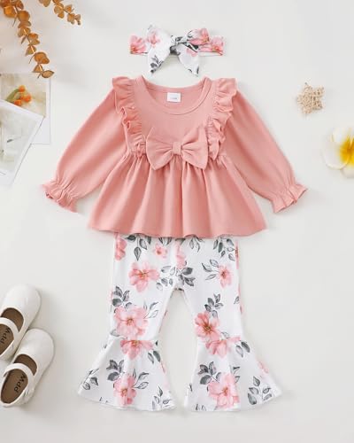 Toddler Baby Girl Clothes Fall/Winter Girls Outfits Ruffle Long Sleeve Tops Floral Flared Pants Girls' Clothing Sets