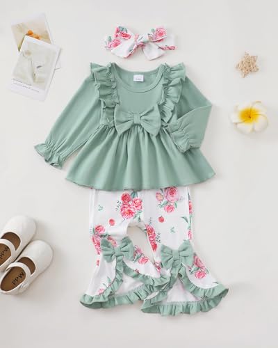 Toddler Baby Girl Clothes Fall/Winter Girls Outfits Ruffle Long Sleeve Tops Floral Flared Pants Girls' Clothing Sets