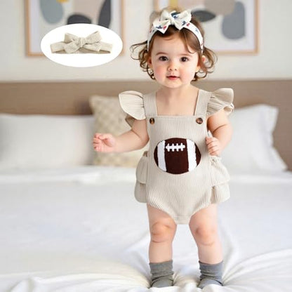 Football Baby Girl Outfit Embroidery Football Romper Ruffle Sleeve Corduroy Bodysuit Overalls Game Day Clothes
