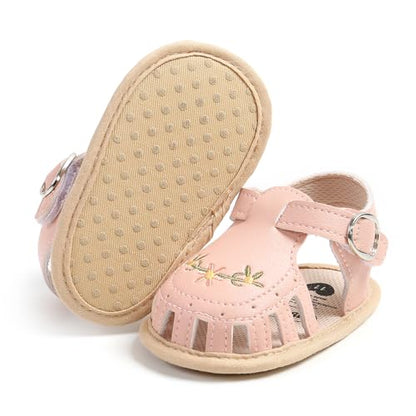 GDSDYM Infant Baby Girls Summer Sandals with Flower Bowknot Soft Sole Wedding Dress Flats Newborn First Walkers Crib Dress Shoes