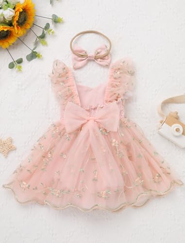 IDOPIP Floral Embroidered Baby Girl Romper Tutu Dress Princess Tulle Jumpsuit Headband Cake Smash 1st Birthday Party Outfit