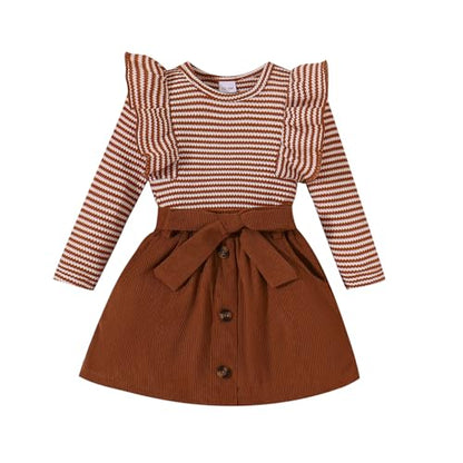 Noubeau Toddler Baby Girls Plaid Outfits Knit Ribbed Sweatshirt Shirt Tops Red Plaid Belt Skirt Fall Winter Clothes
